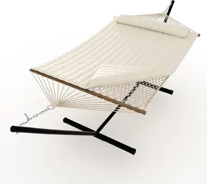 2 Person Outdoor Hammock with Stand, Portable Hammock, Heavy Duty Hammock with Soft Pillow, Balance Ropes, for Patio, Backyard, Garden, Beach, Beige