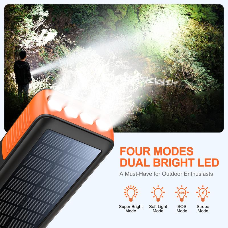 Solar Charger Power Bank 63200mAh Portable Dual Outputs Dual Inputs 4 LEDs Flashlight Hand Crank Solar Charging Fast Charging Battery Pack for Outdoor Camping Emergency Gear