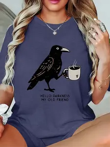 Plus size loose ladies hello darkness my old friend t-shirt, big bird coffee extra large t-shirt, coffee lover
