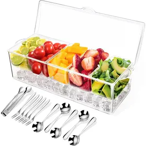 ZONG ZHICondiment Tray with Stainless Steel 5 Spoons, 5 Forks and 1 Clip, Chilled Condiment Server, Condiment Server, Bar Garnish Holder on Ice, Bar Accessories Fruit and Salad with Removable Trays and Lid