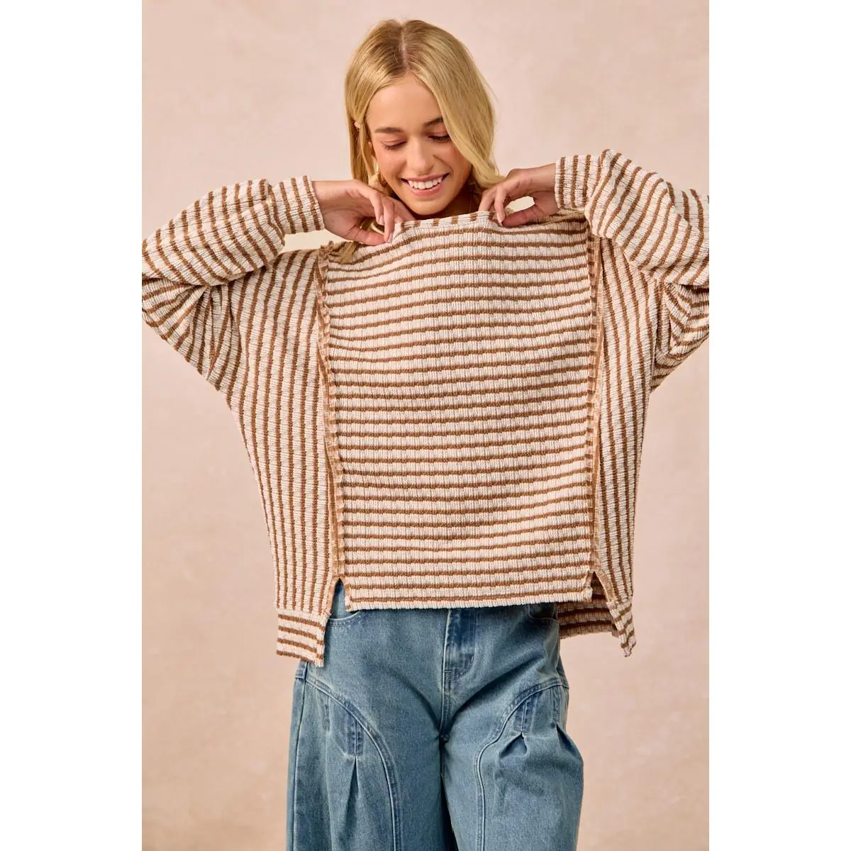 BiBi Open Seam Detail Textured Stripe Knit Top