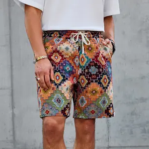 Men's Multicolor Ethnic Geometric Print Casual Shorts, Elastic Waist, Lightweight Breathable Fabric, Relaxed Loose Fit, Ideal for Summer, Streetwear, Daily Wear, and Casual Outings, a vibrant statement wardrobe staple.