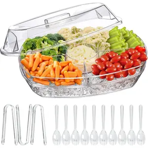 Chilled Veggie Tray, 15 Inch Clear Platter with 4 Compartments, Ice Serving Bowl with Lid, Cold Food Buffet Server for Fruit, Vegetable, Appetizer, Shrimp