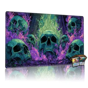 Skull Flame TCG Playmat - 12x24inch Non-Slip for MTG, Board Games & Card Games, Ideal for Family Gatherings, Party Use & Gift, Vibrant Purple & Green Design, Gaming Mousepad