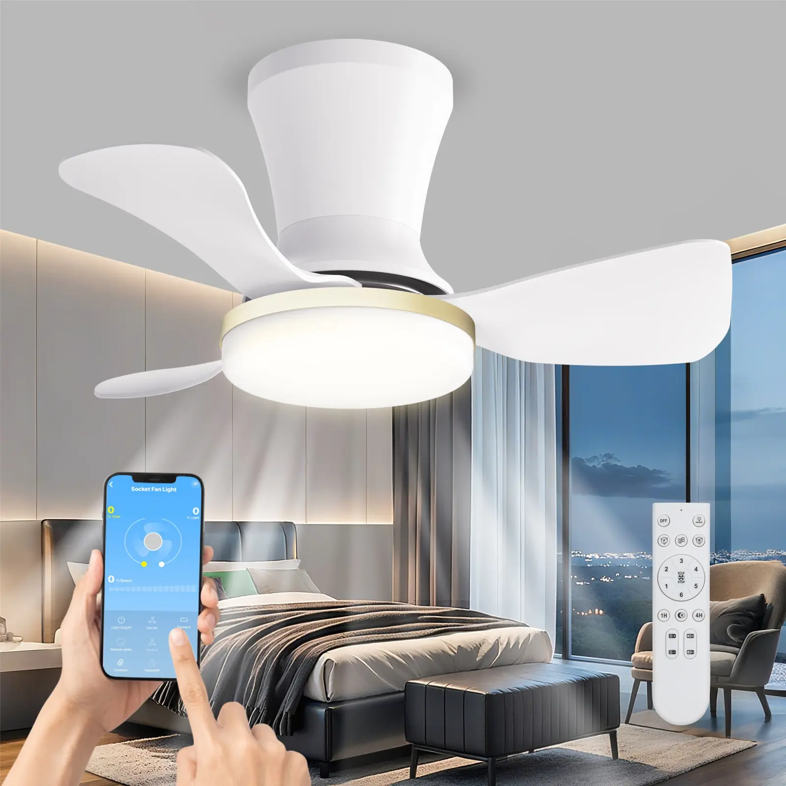 LANMEL 22 Inch Flush Mount Ceiling Fan with Light and Remote, Low Profile Modern Ceiling Fan, 6 Speed, Reversible, 3000K-6500K Dimmable LED Light, Quiet DC Motor for Indoor & Outdoor, Black & White