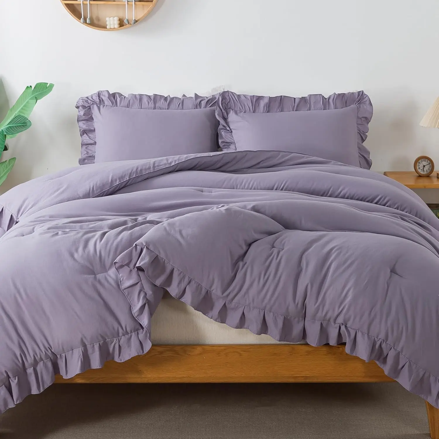 Grayish Lavender Purple Queen 3-Piece Ruffle Comforter Set, Lightweight Fluffy Microfiber Soft Bedding Set, Soft Bedding Sets