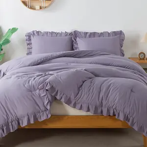 Grayish Lavender Purple Queen Comforter, 3 Ruffle Comforter Sets for Queen, Lightweight Fluffy Microfiber
