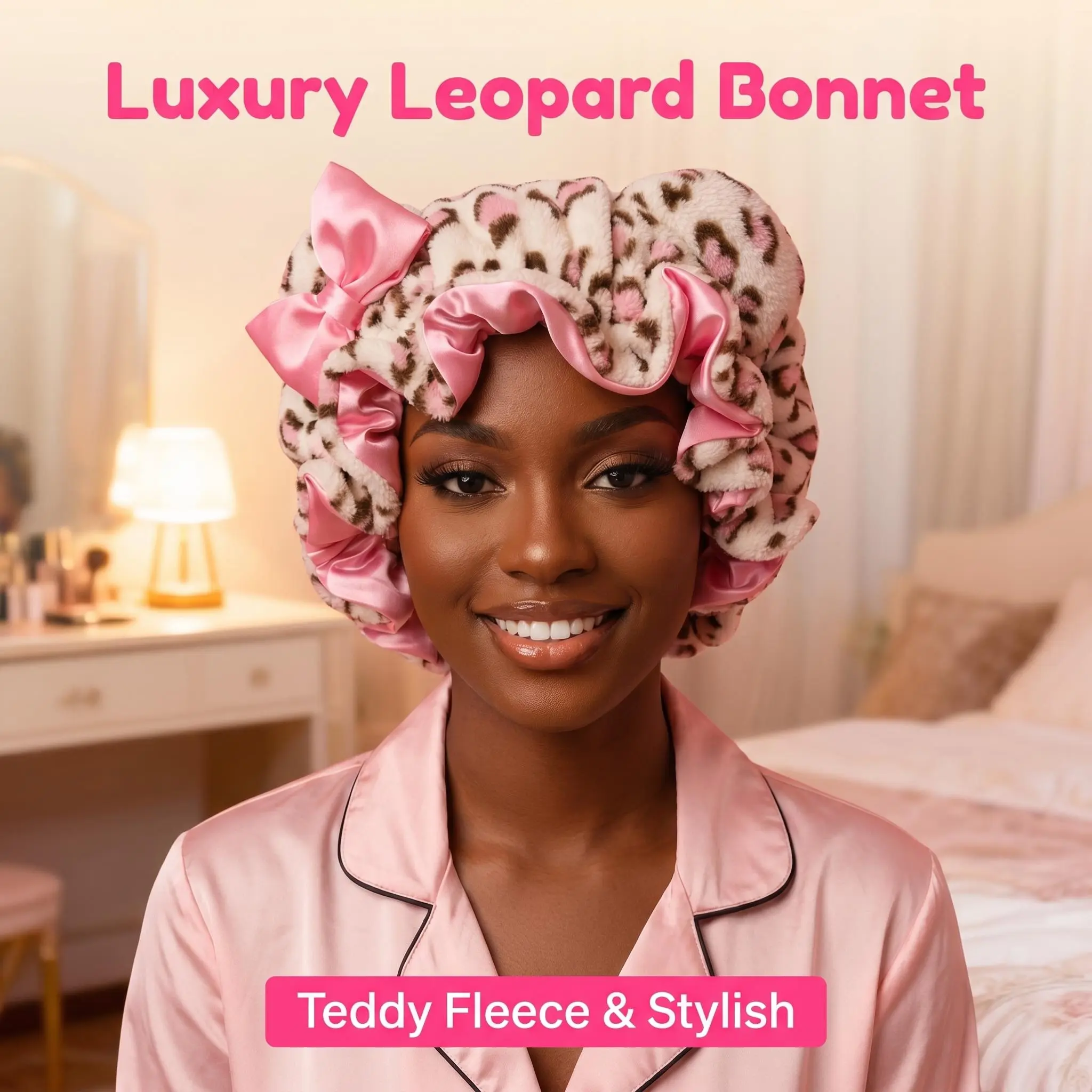 Luxury Cheetah Print Teddy Hair Bonnet - Soft Teddy Material, Adjustable Strap, Haircare Night Cap, Hair Accessories for Youth, Ideal for Formal/Casual Use to Enhance Softness