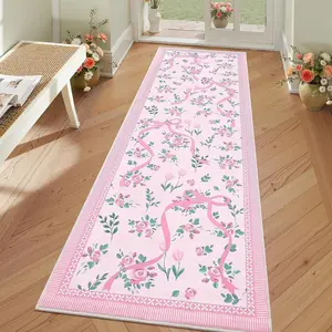 Anti-slip carpet for hallways, 1Pc kitchen carpet, pink bedroom mat, low-pile soft washable floral bow rug, multi-functional suitable for hallways, living rooms, bedrooms, bedside areas, kitchens, gift, home decor, Home Decorative Rug, Washable Rugs