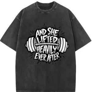 And She Lifted Heavily Ever After Barbell Motivation Printed Washed T Shirt 230gsm, Summer Round Neck Gym & Outdoor Sports Apparel, All-Season Fitness Shirt, Workout, Sporty Design, Summer Outfits, Performance Wear, Casual Athletes, Gym Shirts