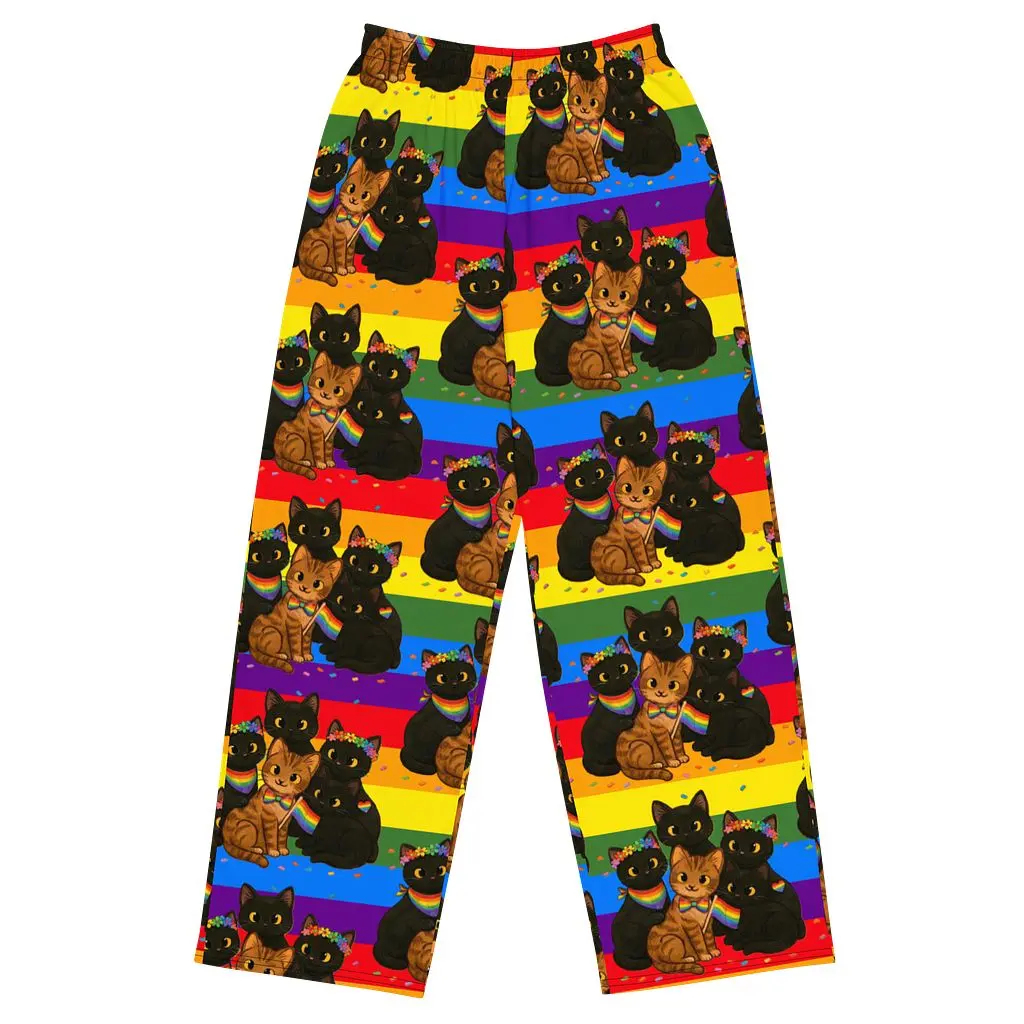 Women's Cat Brigade Pride Wide-Leg Pants, Polyester Fabric, All-Over Print, Streetwear Style, With Pockets