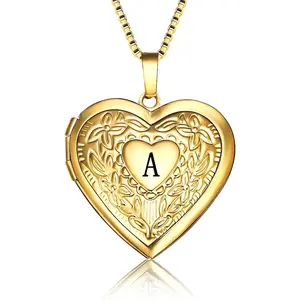 Love Heart Locket Necklace That Holds Pictures, Initial Alphabet A-Z Photo Lockets