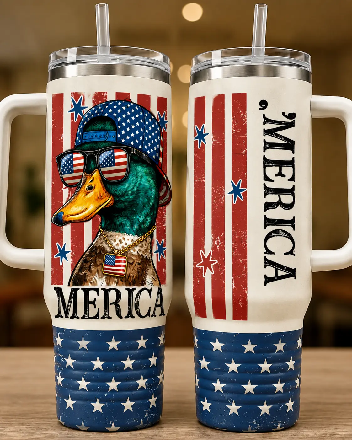 Funny Patriotic Duck Tumbler, Merica 4th of July 40oz Cup, American Flag Duck Travel Mug, USA Independence Day Gift