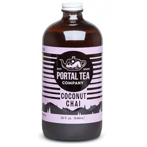 Portal Tea Coconut Chai Concentrate 32 oz - Non-Caffeinated Tea Blend with Coconut, Red Rooibos, Ginger, Cardamom & Natural Ginger Flavor - Beverage