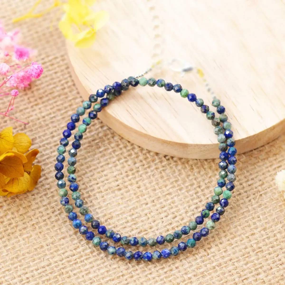 Women's Adjustable Zambian Azurite/Malachite Raw Crystals Necklace - Dainty Handpicked Beaded Choker, Spiritual Jewelry for Third Eye Awakening Clarity, 15+2 in, Adjustable Size, Choker Length, Daily Wear, Programmed For Boundary Strength, Sage-Cleared, Z