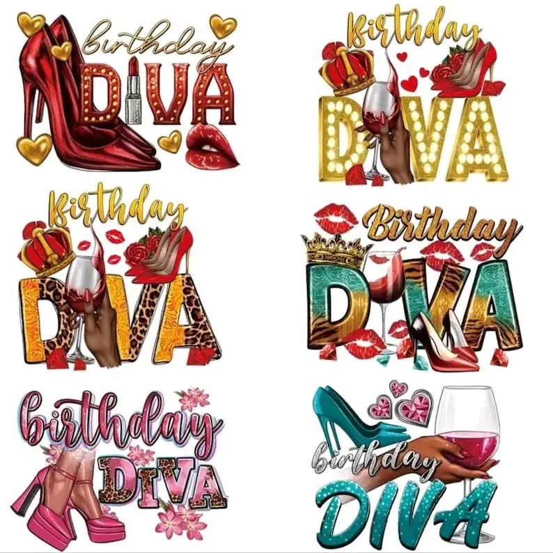 6 Pack Birthday Diva Full Color DTF Transfers