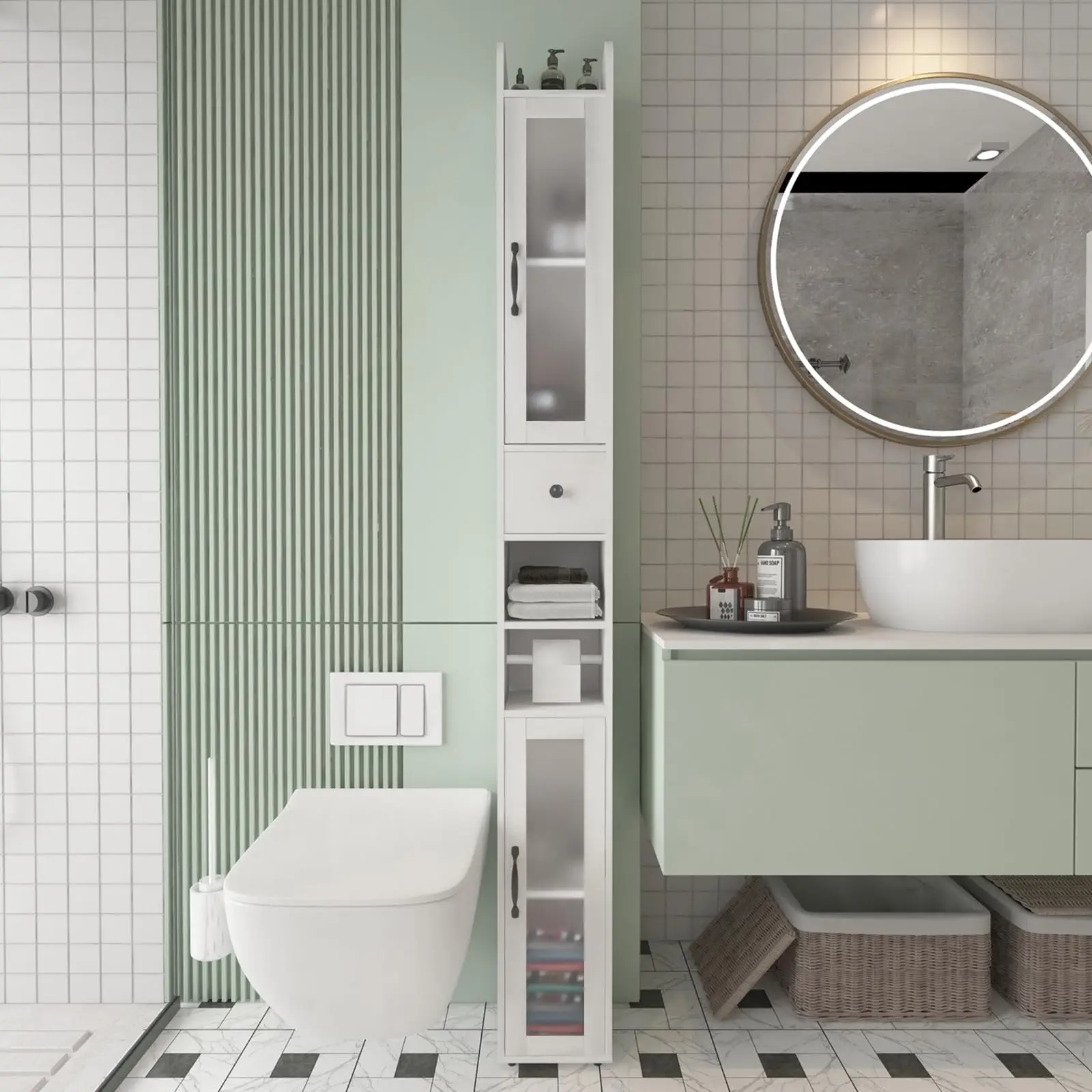 Vabches Bathroom Cabinet with Adjustable Shelf, Storage Cabinet for Small Space, Tall Cabinet with Retractable Toilet Paper Rod, Narrow Cabinet with 2