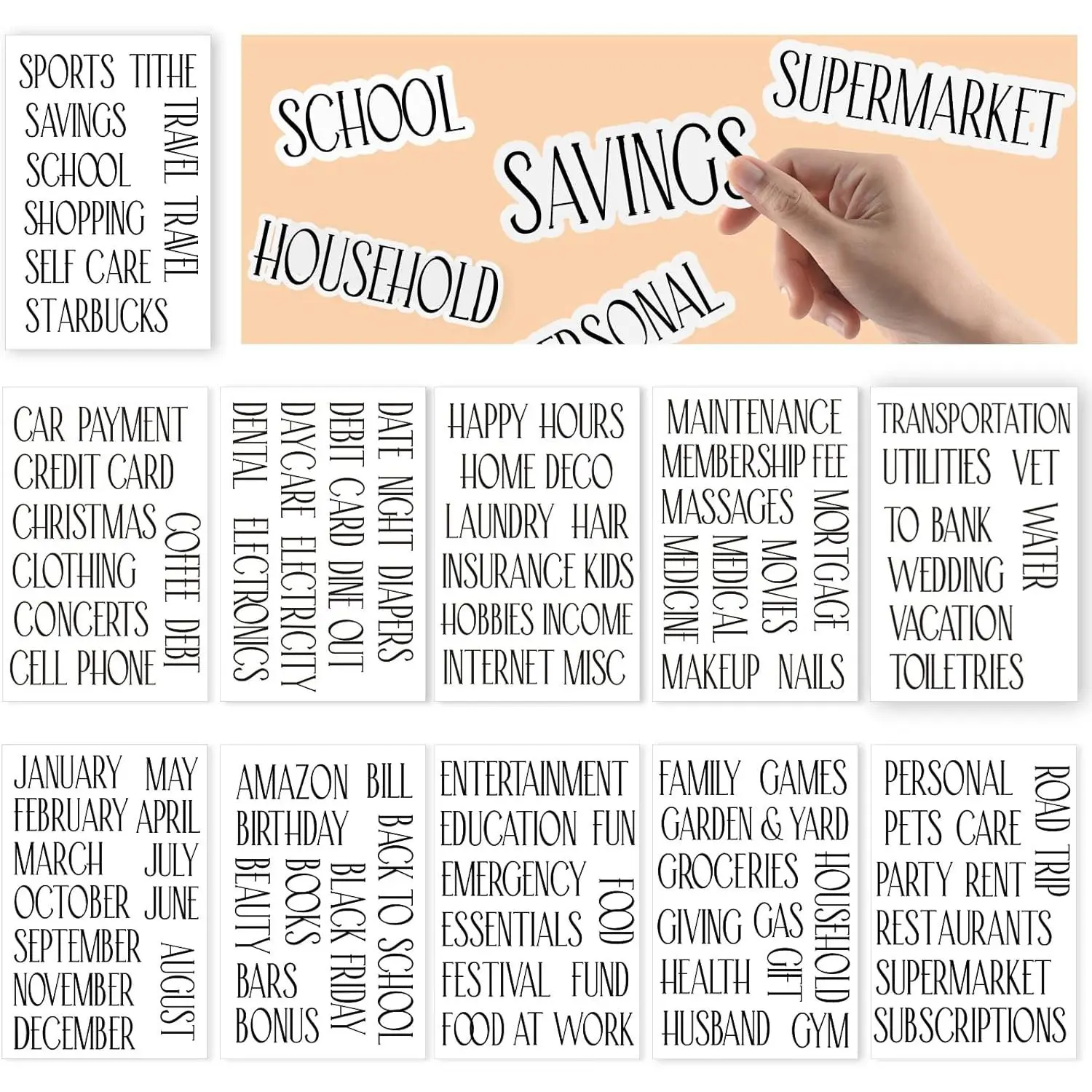 Cash Envelope Sticker Labels - 100 Black Vinyl Decals, 100-Black Capital Labels, 12 Month Stickers, 4.2"x1.2" 88 Word Labels, All Caps Style for Finance Planner, Budget Binder, Wallet