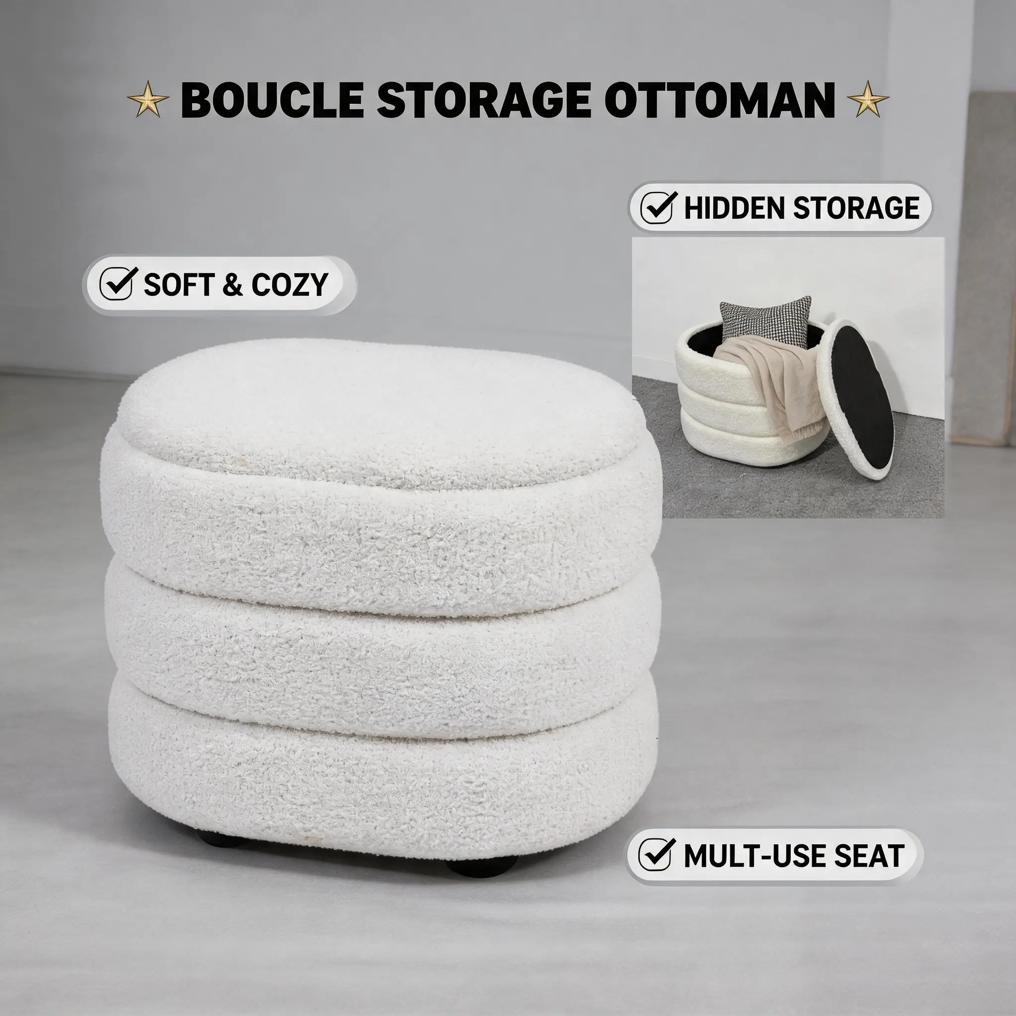Round Storage Ottoman Pouf - Modern Sherpa Upholstered Footstool, 15x13.5x17in Large Teddy Vanity Stool with Flip-Top Tray, Living Room Furniture Makeup Chair for Home Decor & Bedroom Footrest