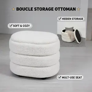 Round Storage Ottoman, Modern Sherpa Footstool, 15X13.5X17 Large Teddy Vanity Stool with Flip-Top Tray, Makeup Chair for Home Decor, Upholstered Footrest for Living Room & Bedroom