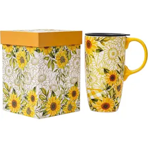 Coffee Ceramic Mug Porcelain Latte  Cup With Lid in Present Box 17oz Sunflowers