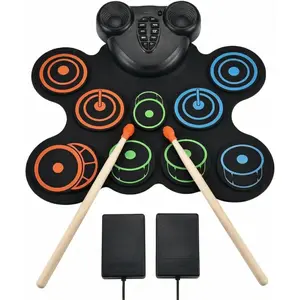 Drum Set with Headphone Jack, 9-Drum Practice Pad for  beginners,with drumsticks, foot pedals, and a built-in rechargeable , Christmas Birthday  for Boys Girls 3-12
