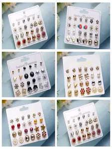 12 Pairs Random Combination Card Earring Set, Alloy Studs and Hoops, Unique Small Variety, Suitable for Daily Wear