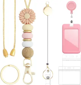 Cute Silicone Beads Lanyard Set for Teacher,Breakaway Lanyard with Smooth Metal Badge Reel & Clip,with Three ID Card Holders for Students Worker Employees (Light Pink Daisy)