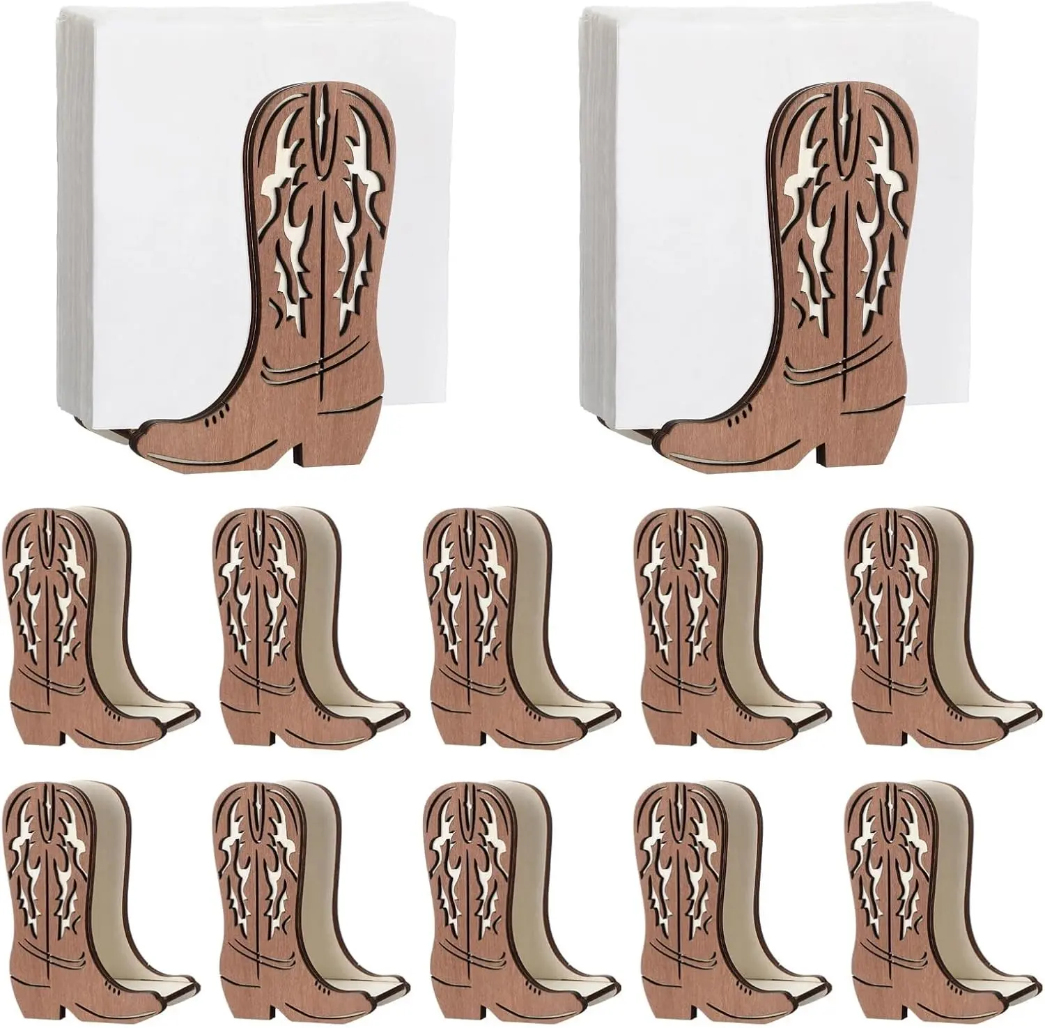 12-Pack Western Cowboy Boot Napkin Holder, Rustic Brown Wood Standing Napkin Dispenser for Table Kitchen, Farmhouse Western Party Table Decor, Home Organizer Multiple Packs
