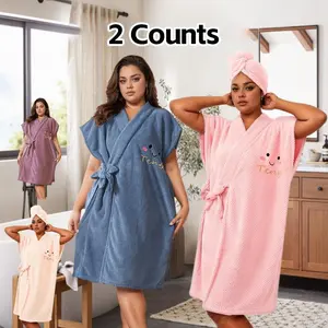 Women's Bathrobe, 2 Counts/set Soft Comfortable Water Absorbent Bathrobe, Quick Drying Bath Towel, Bathing Accessories for Home Bathroom, Womenswear