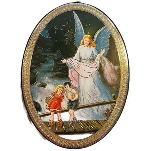 Guardian Angel Icon | Oval Gold and Silver Foil Wood Wall Plaque | 5.75” Catholic & Orthodox Religious Gift | Made in Italy