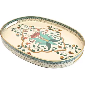 Oval Plastic Serving Tray with Handles, Elegant Decorative Tray for Coffee Table, Ottoman, Living Room, Kitchen, Outdoor Use.10"*16"*1.4" A
