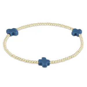 E Newton Signature Cross Gold Pattern 2mm Bead Bracelet Cobalt