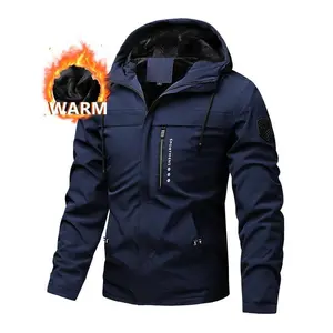 Men's Hooded Fleece Outdoor Jacket, Multi-Pocket Letter Print Design, Windproof Waterproof Wear-Resistant, Fall Winter Casual Coats