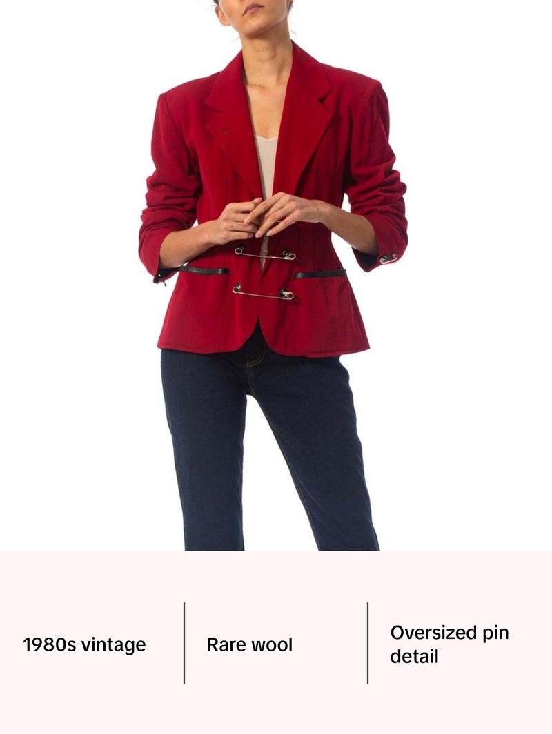 1980S JEAN PAUL GAULTIER Red Wool Very Rare Jacket With Leather And Oversized Safety Pin Details