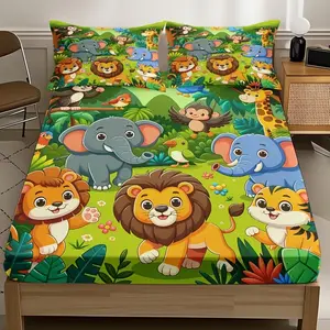 3-Piece Jungle Animal Bedding Set, Bed Sheets Set, Includes Fitted Sheet & Pillowcases (no Fill), Soft Polyester Fiber, Cartoon Prints