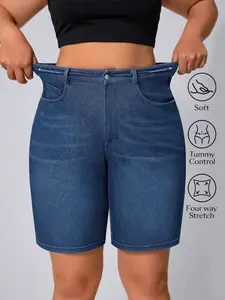 Plus Size High Waist Belly Button Denim Shorts! Four-Way Stretch + Butt Lift Design, Plus Size Women's Clothing, Curvy Jeans