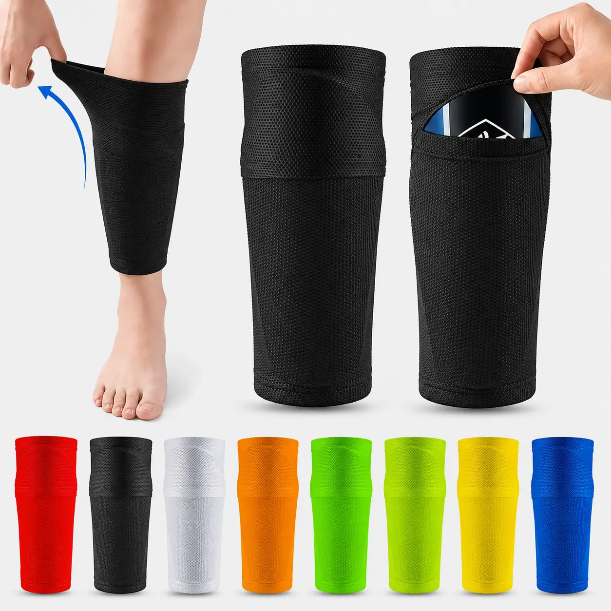 1Pair Soccer Shin Guard Football Crashproof Calf Protector Nylon Leg Sleeves Sock Shin Protector with Pocket Training Protection