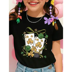 Kids' St. Patrick'S Day Graphic Tee, Boys & Girls Irish Luck Birthday Party Shirt featuring a playful design with large playing cards adorned with shamrocks, green dice, and gold coins spilling from a pot.Casual Top for St. Paddy'S Day Celebrations