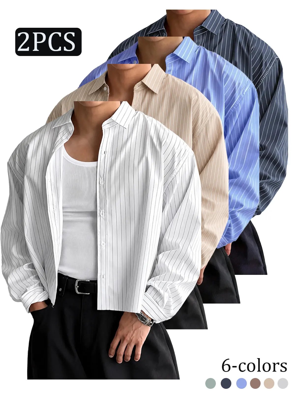 Men’s 2 Pack Pinstripe Long Sleeve Button Down Shirt, Loose Fit Minimalist Streetwear Overshirt, Vintage Casual Layering Top for Spring Fall & Daily Wear