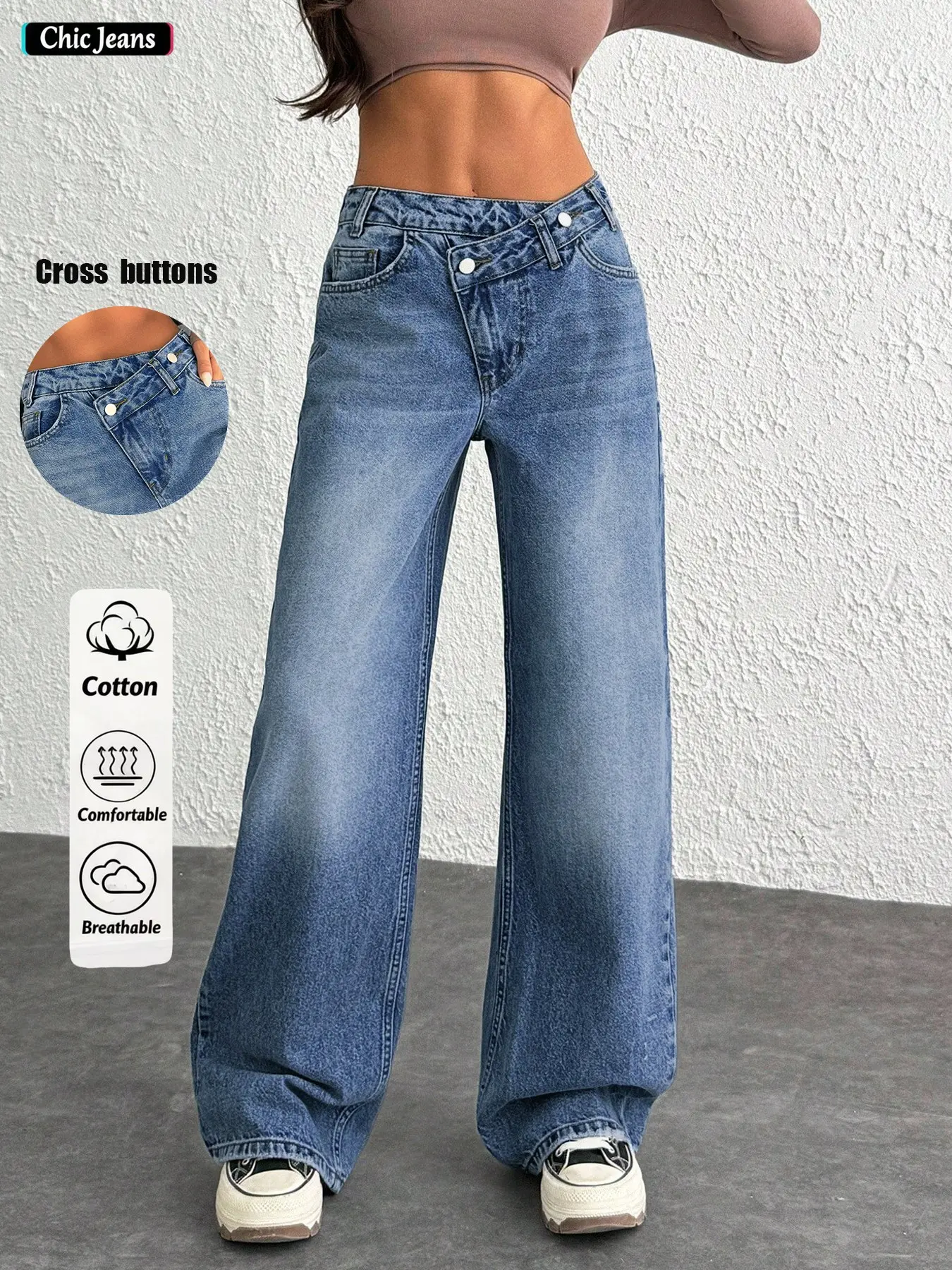 Women's Cross Waist Button Vintage Wide Leg Jeans, Soft Denim Fabric, Comfortable Everyday Casual Wear, Perfect Fit for Various Body Types, Casual Fashion Jeans, Pants, Womenswear