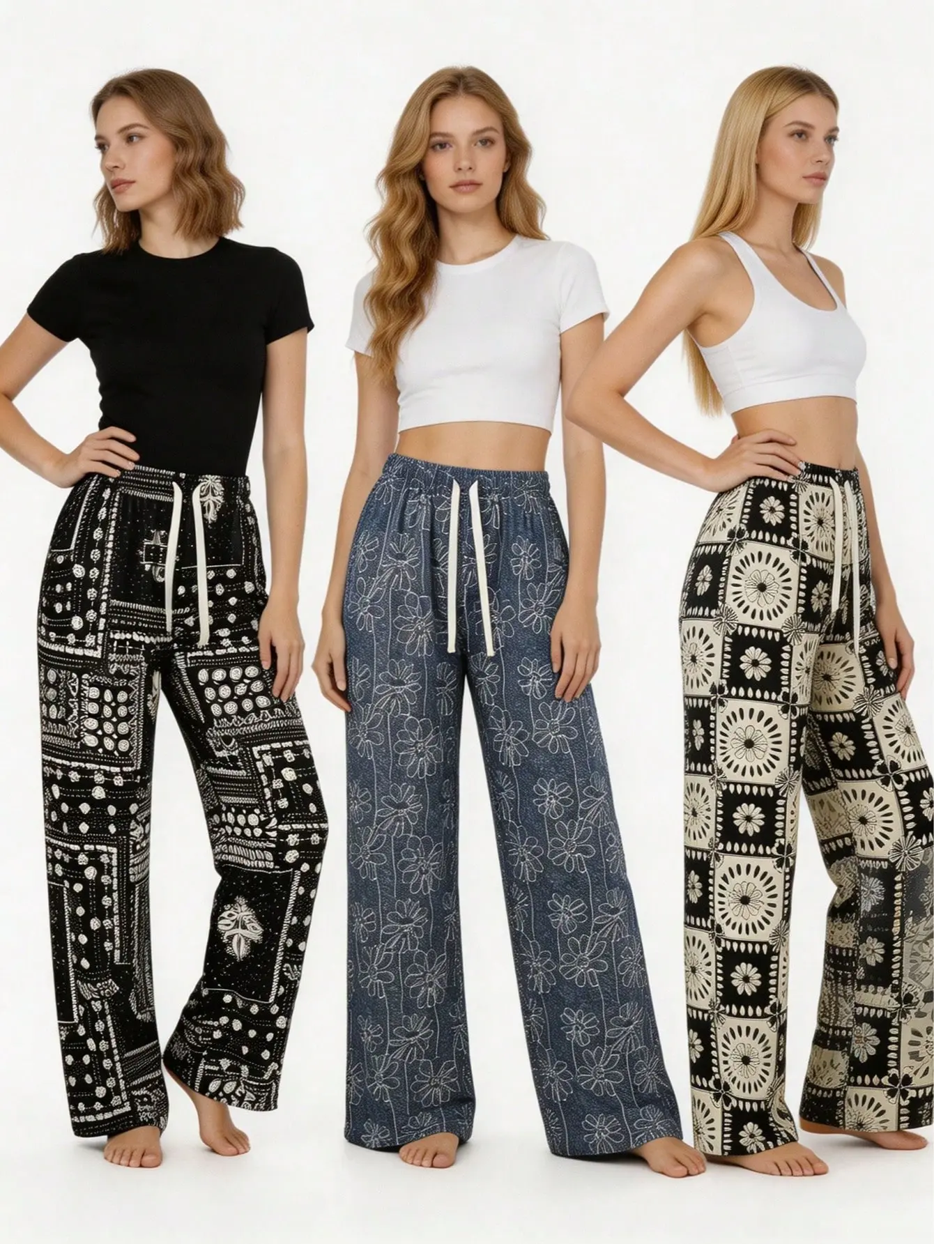 Women's 3-Pack Boho Wide-Leg Palazzo Pants, Flowy Trousers with Elastic Drawstring Waist for Casual Everyday Loungewear, Baggy, Modal, Fabric, Comfortable, Oversized, Pockets, Pants For Women, Plus Size, Loose, Soft, Elastic Drawcord