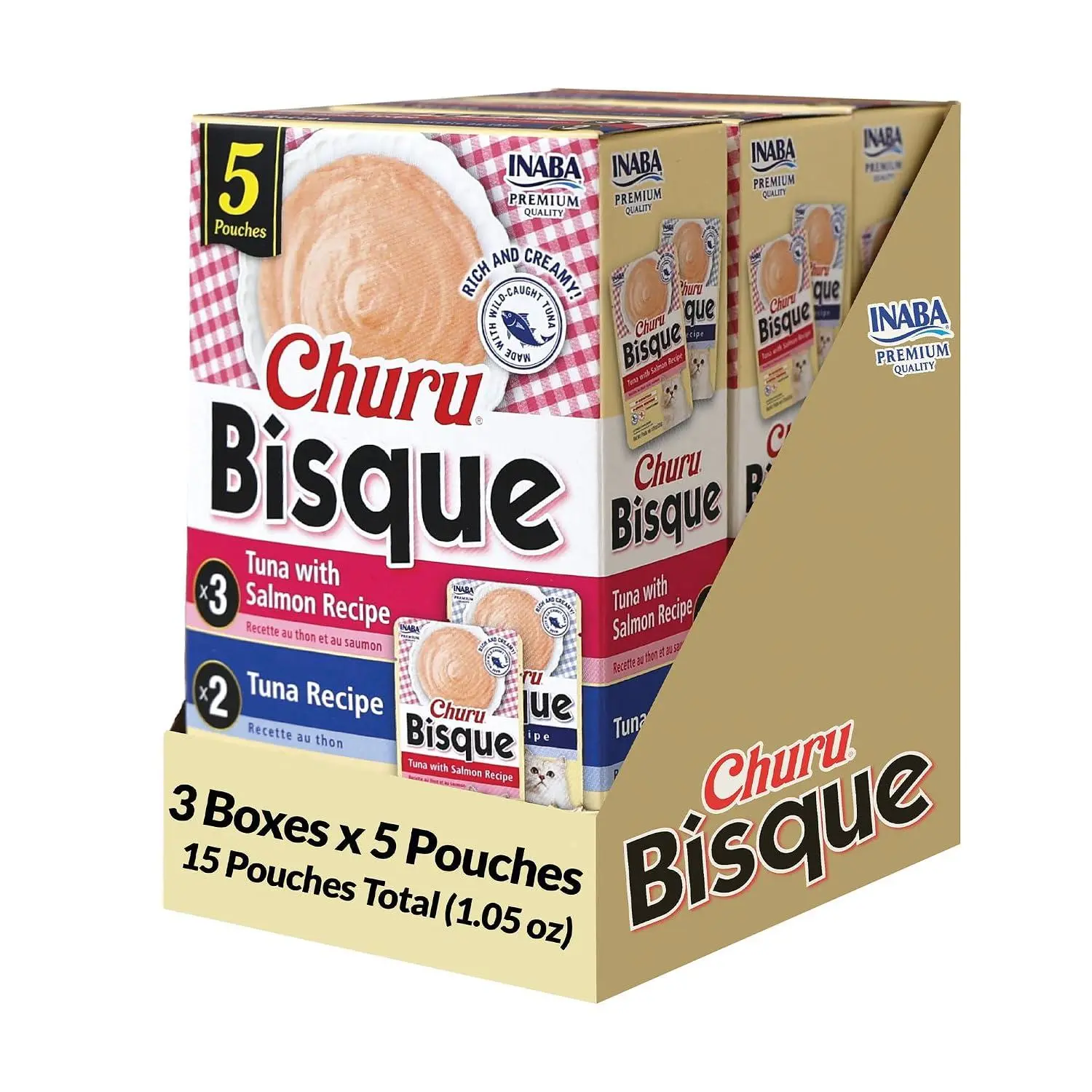 INABA Churu Bisque for Cats, Creamy Lickable Purée Side Dish with Vitamin E, 1.4 Ounces per Pouch, 12 Pouches, Tuna & Chicken Variety