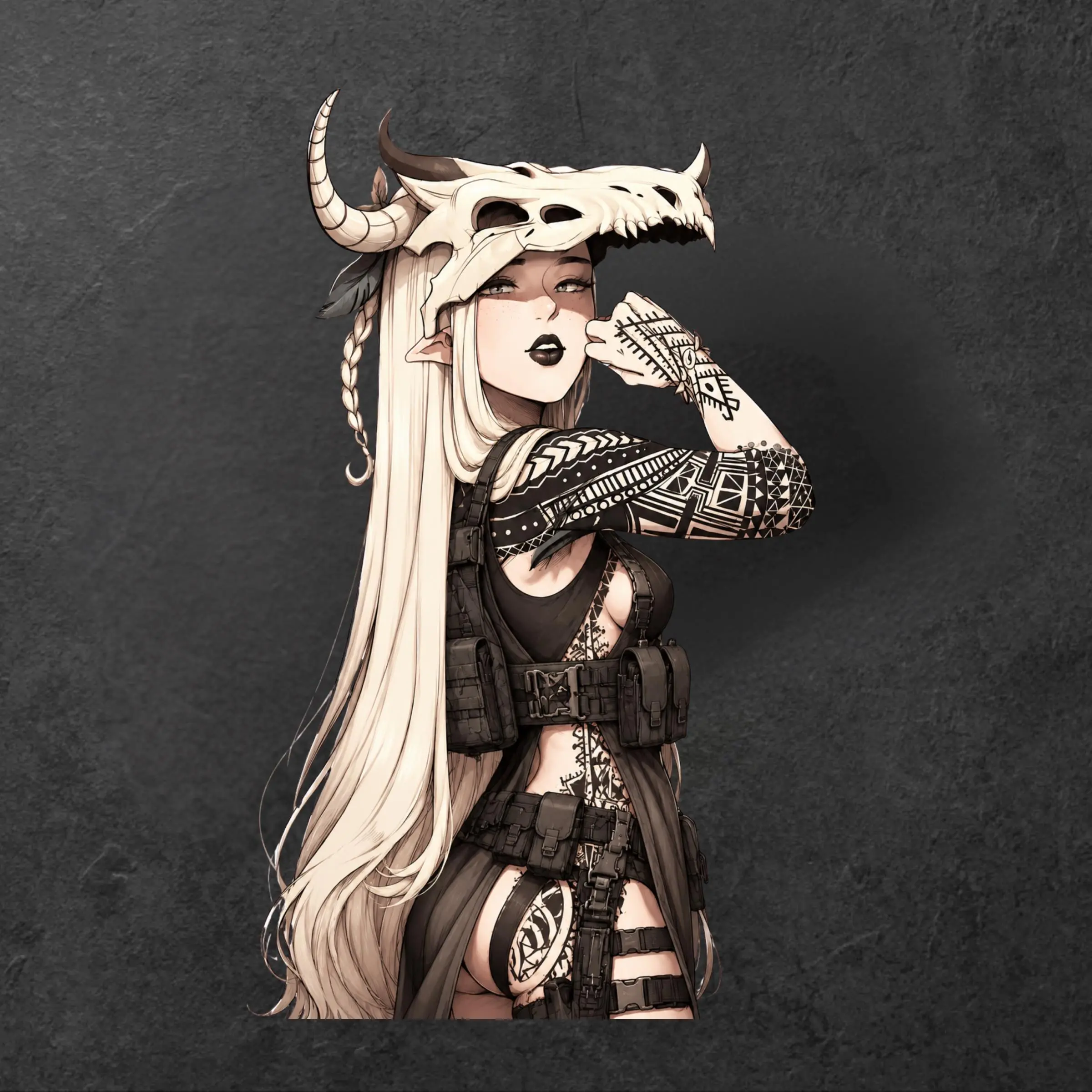 Bone Crown Elf Girl Sticker, Gothic Tribal Tattoo Vinyl Decal, Dark Fantasy Anime Gift