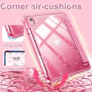 IPad protective case suitable for children’s girls; glitter cover with shiny transparent back, pen slot, and protection for tablets/computers.