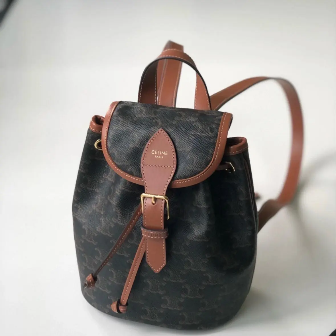 Pre-owned Celine Mini Folco Casual Backpack Brown Triomphe Canvas, Calfskin Trim (16809837)