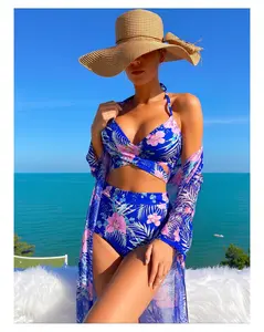 3 Piece Swimsuit for Women Sexy Floral Push Up Bikini Set with Cover Up High Waist Bathing Suit Blue