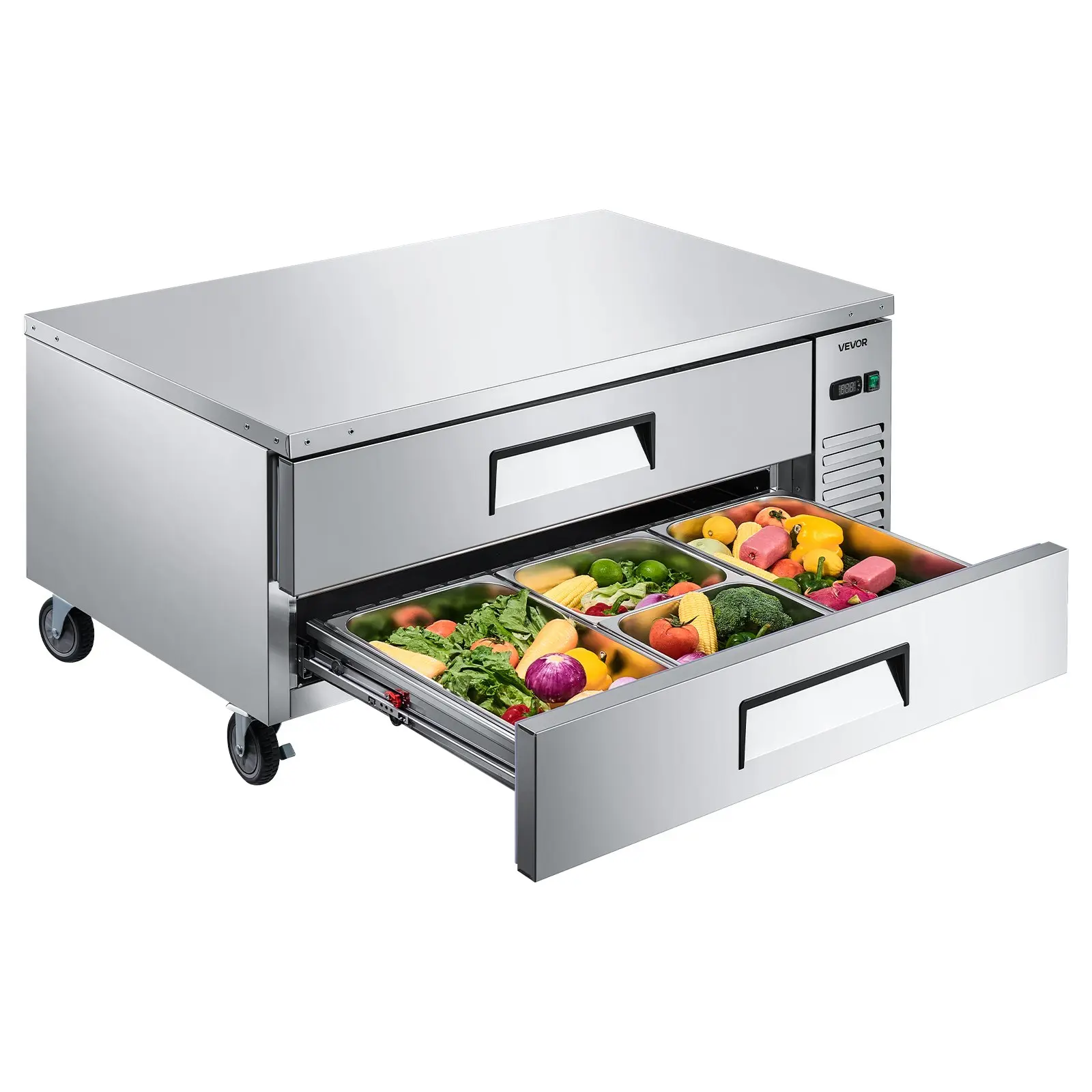 VEVOR ChefBaseRefrigerator, 52 W Commercial Chef Bases Worktop Refrigerators, 2-Drawer Under Counter Fridge with 8 Pans Stainless Steel, Heavy-Duty Refrigerated Base, Invisible Door Handle