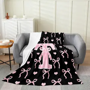 Initial Letter A-Z Flannel Blanket Throw for Girls Black Pink Alphabet Flannel Blanket  Valentine's Day Gifts Monogrammed Gifts for Daughter Women Teen Girls Customized Blanket for Bedding Bedroom Office,multiple Size