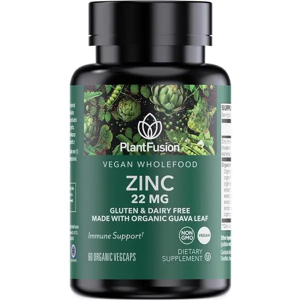 PlantFusion Vegan Zinc Supplements 22 mg – Wholefood Complex, Chelated Zinc Citrate from Organic Guava Leaf for Immune Support, 60 Capsules